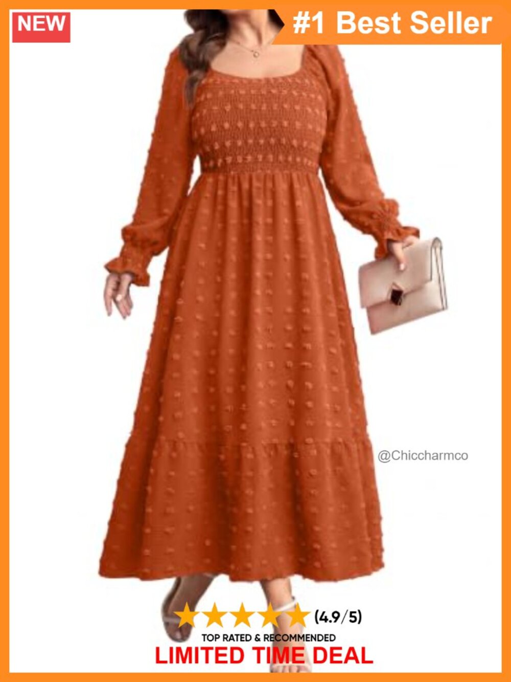 Plus Size Smocked Square Neck Swiss Dot Maxi Dress Long Sleeve
